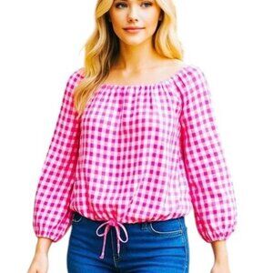 IMNYC PINK GINGHAM BLOUSE Small Petite Defect 3/4" sleeves